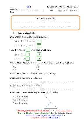 Đề kiểm tra Học kỳ I môn Toán Lớp 1 - Đề số 1 (Bộ sách Chân trời sáng tạo)